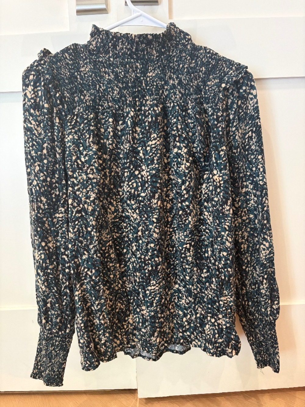 Smocked Mock Neck Floral Print Long Sleeve Blouse Women’s Size